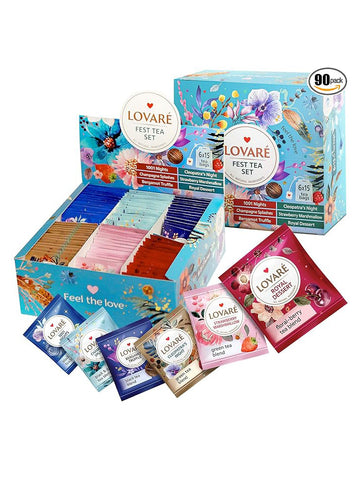 FEST TEA SET - Black and Green Assorted Tea Samplers - 90 tea Bags – 6 tastes
