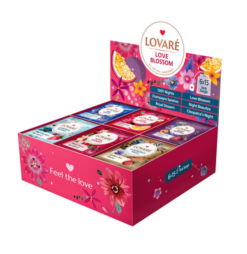 LOVE BLOSSOM TEA SET - Black and Green Assorted Tea Samplers - 90 tea Bags – 6 tastes