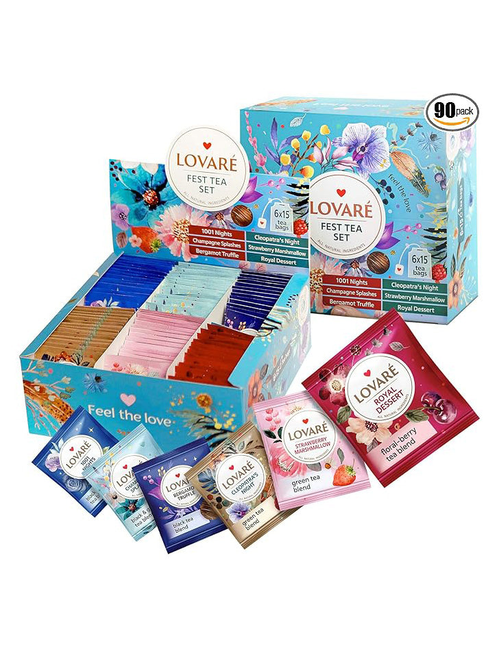 FEST TEA SET - Black and Green Assorted Tea Samplers -  90 tea Bags – 6 tastes