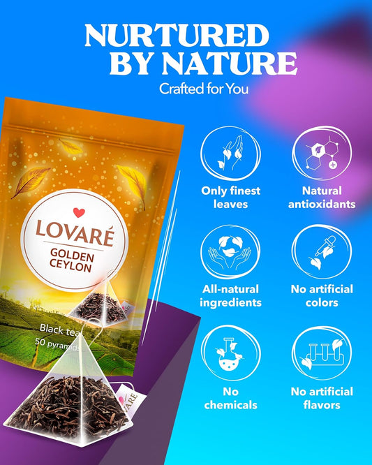 Lovare Golden Ceylon black tea in pyramid bags, 50 pcs.