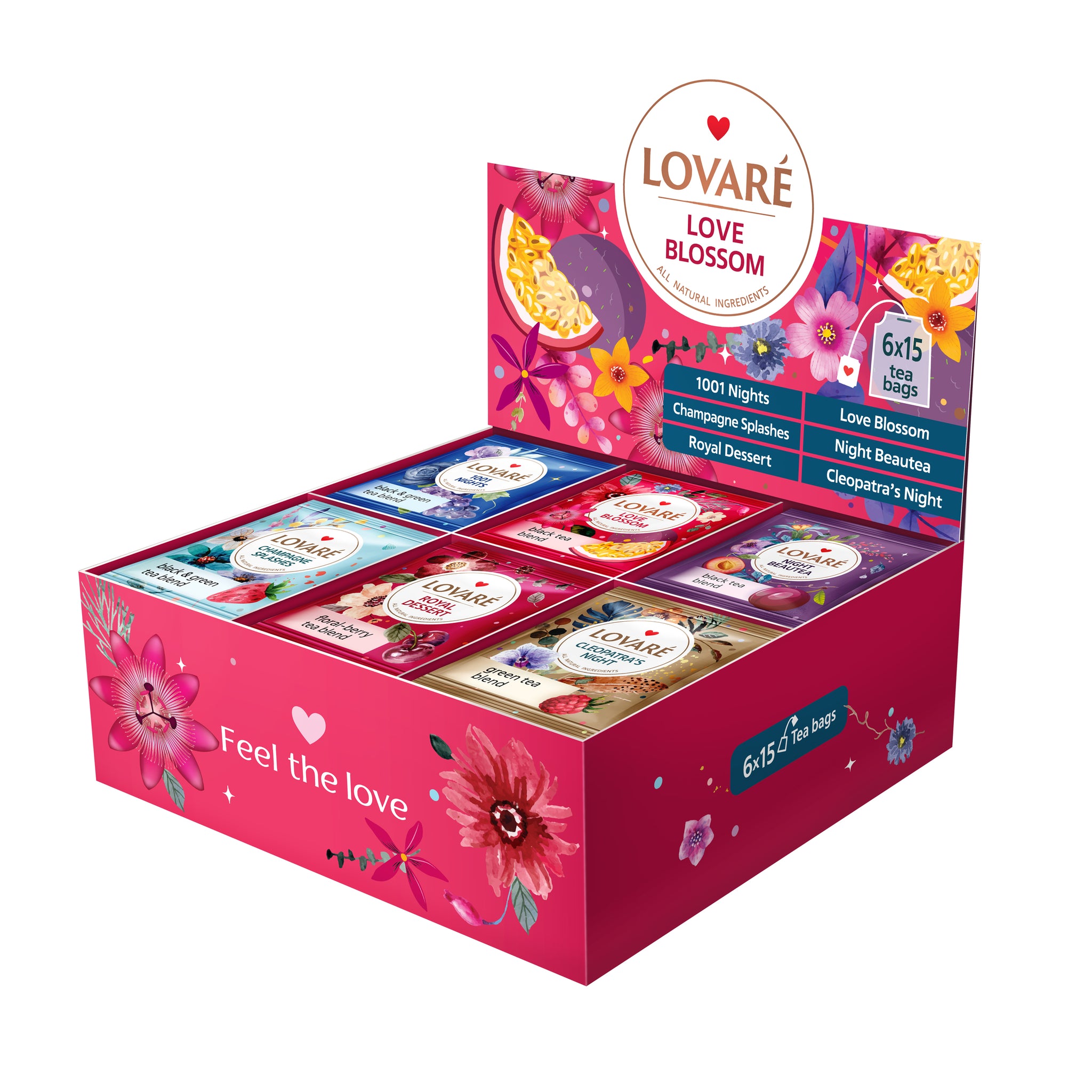 LOVE BLOSSOM TEA SET - Black and Green Assorted Tea Samplers -  90 tea Bags – 6 tastes