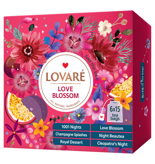 LOVE BLOSSOM TEA SET - Black and Green Assorted Tea Samplers -  90 tea Bags – 6 tastes